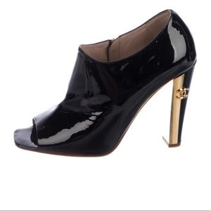 CHANEL CC Peep-Toe Patent Leather Booties